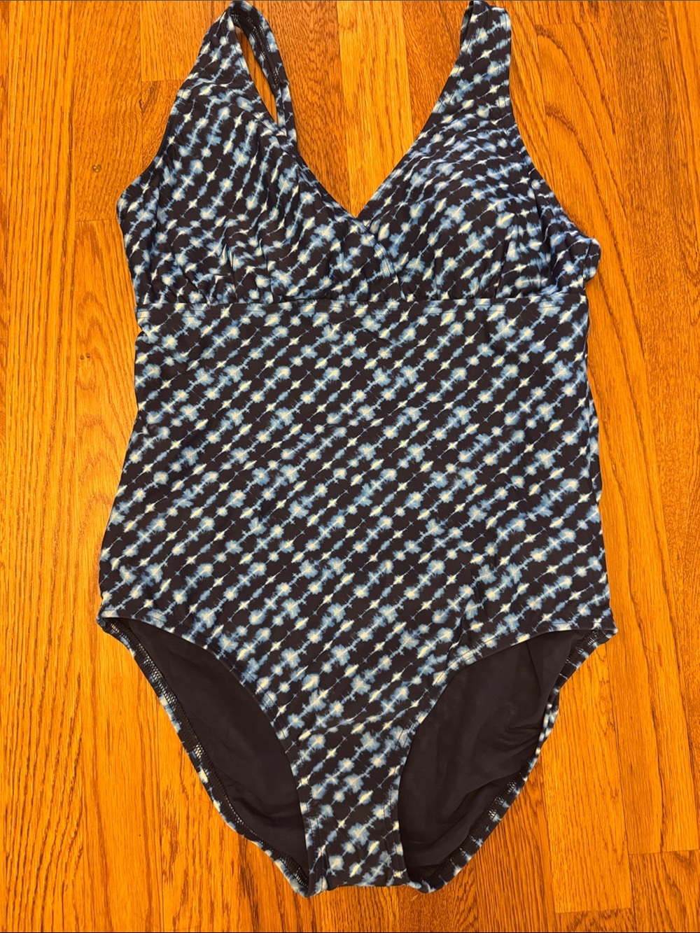 Lands' End Navy and Light Blue Patterned One-Piece Swimsuit Medium 10-12